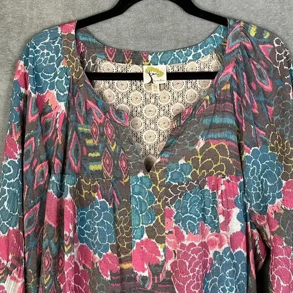 Fig And Flowers Top Womens 3X Pink Floral Long Sleeve Lightweight Boho Cottage - Picture 2 of 13